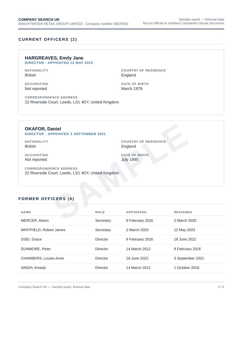 Sample report page 3 — filing position and filing history