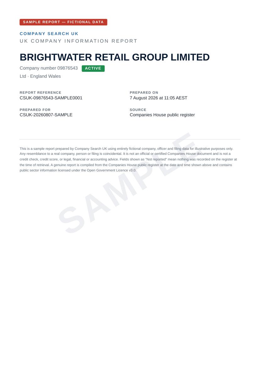 Sample report page 1 — cover page and company summary